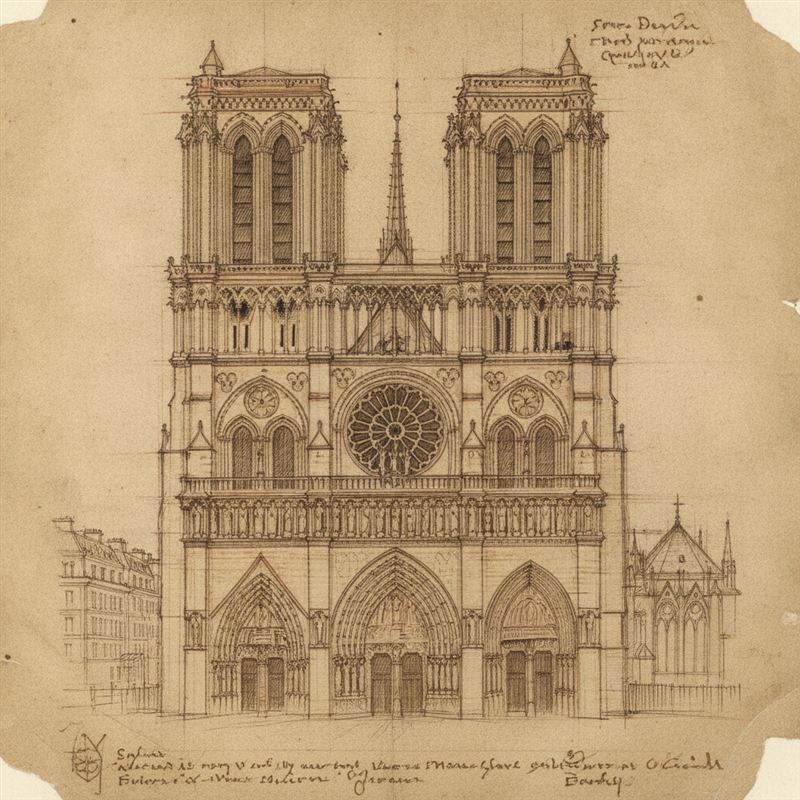 Da Vinci-style sepia sketch of Notre-Dame de Paris, Paris