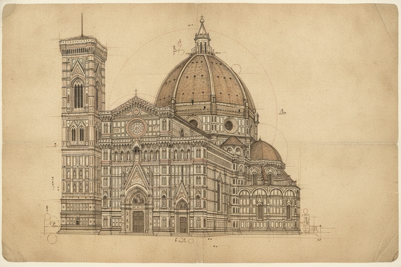 Da Vinci-style sepia sketch of Florence Cathedral, Florence