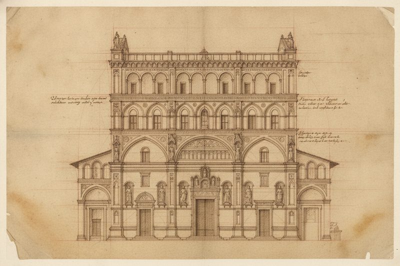 Da Vinci-style sepia sketch of Orsanmichele, Florence