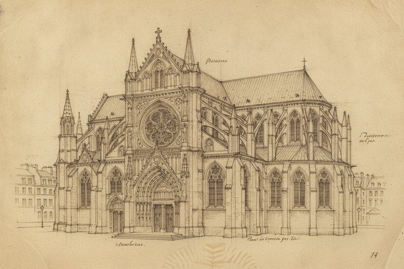 Da Vinci-style sepia sketch of Saint-Eustache, Paris