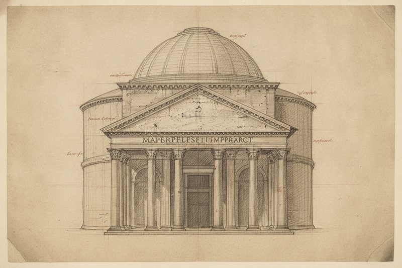 Da Vinci-style sepia sketch of The Pantheon, Rome