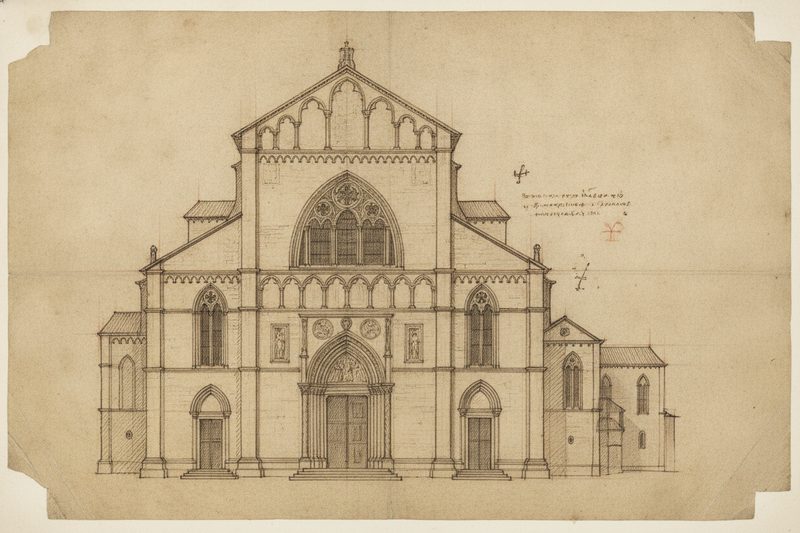 Da Vinci-style sepia sketch of San Zaccaria, Venice
