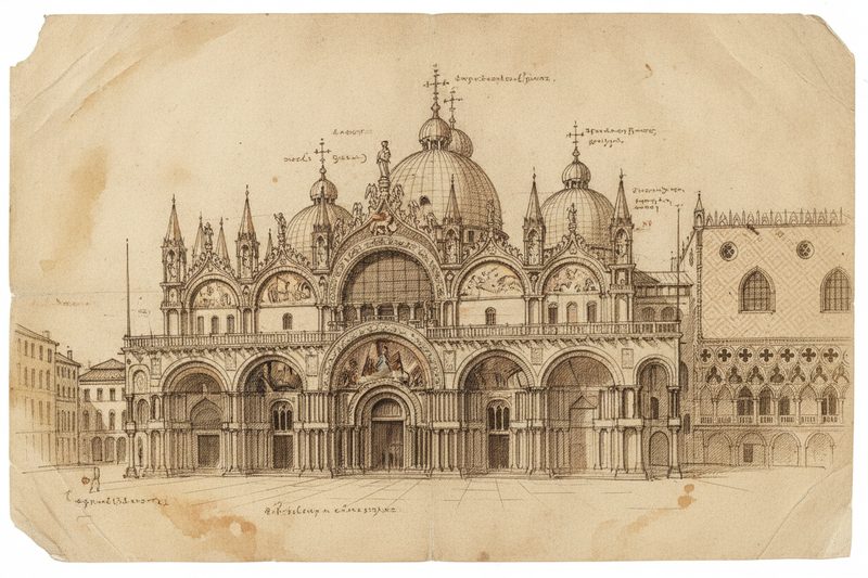 Da Vinci-style sepia sketch of St Mark's Basilica, Venice